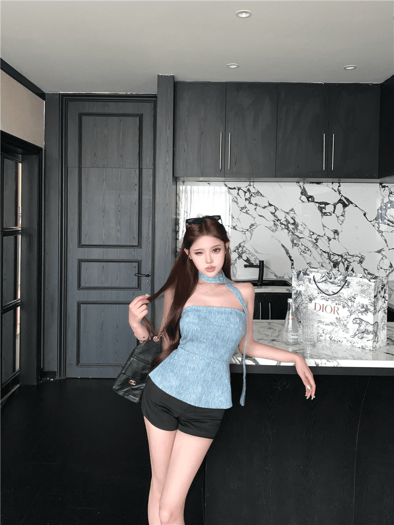 실사 순수한 욕망 오프숄더 워싱 핫픽스 데님 행침 목 리본 튜브탑 섹시함 맨위 검정색 미니멀리즘 반바지 이미지 4
