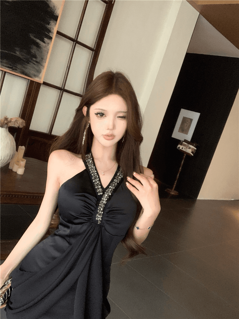 실사 고대 조기 센스 V넥 다이아몬드 세팅 꼬집기 허리 행침 목 타이트 스커트 드레스 상세 이미지 5