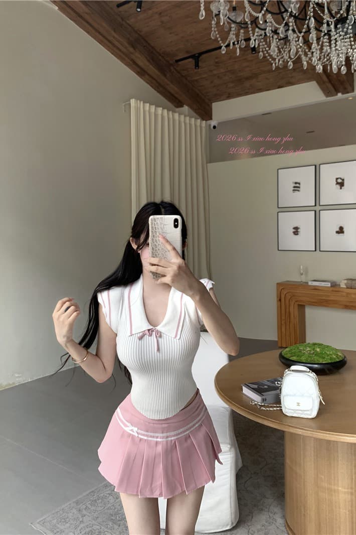 실사 새로운 여름 학원 스타일 작은 날다 소매 부드러운 찹쌀 니트 슬림해 보이는 맨위 패치워크 플리츠 반 스커트 이미지 5