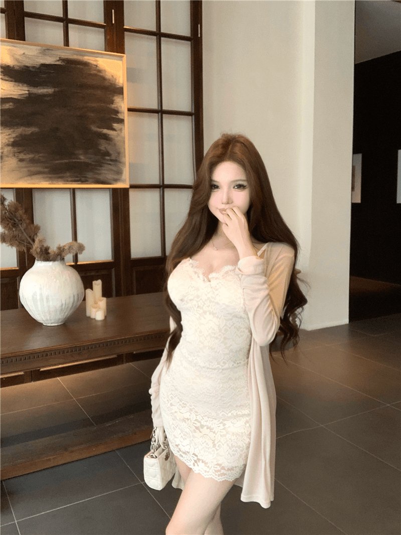 실사 프랑스식 부드러운 바람 핑크색 레이스 슬립 드레스 허리 수축 타이트 스커트 자외선 차단 카디건 코트