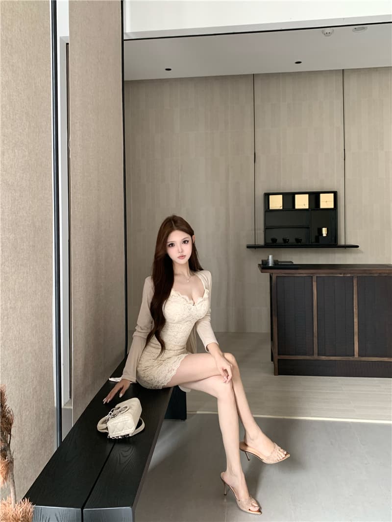 실사 프랑스식 부드러운 바람 핑크색 레이스 슬립 드레스 허리 수축 타이트 스커트 자외선 차단 카디건 코트 상세 이미지 7