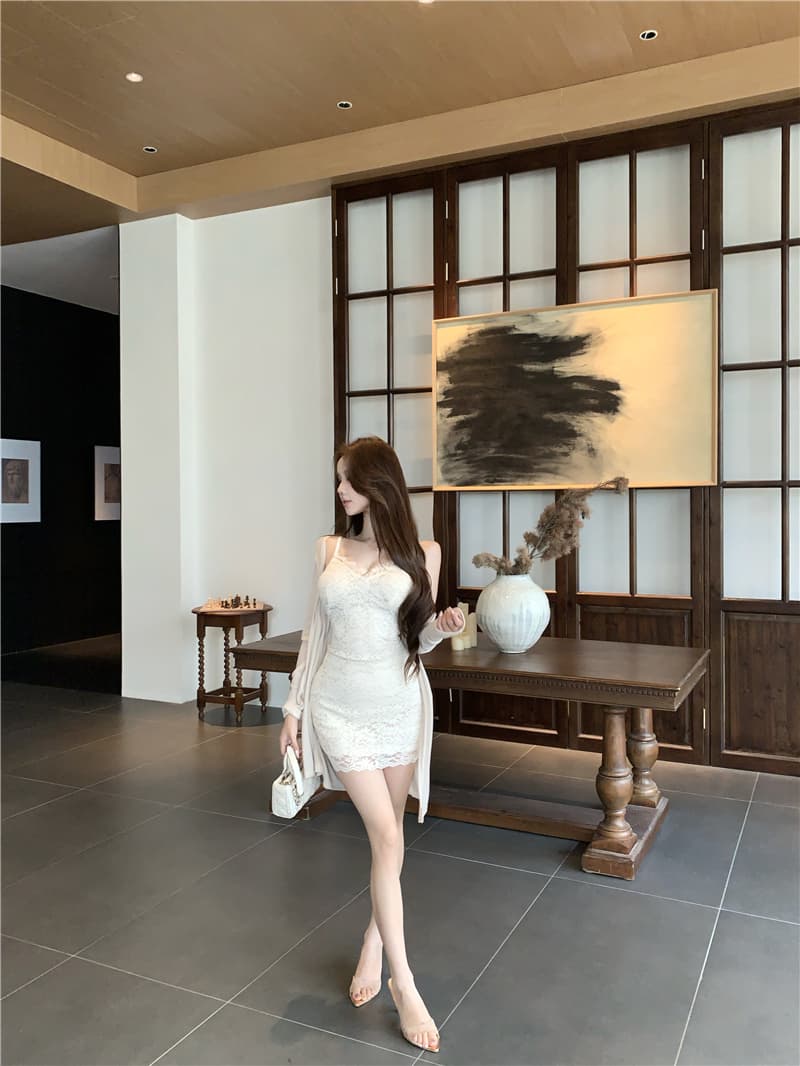 실사 프랑스식 부드러운 바람 핑크색 레이스 슬립 드레스 허리 수축 타이트 스커트 자외선 차단 카디건 코트 상세 이미지 13