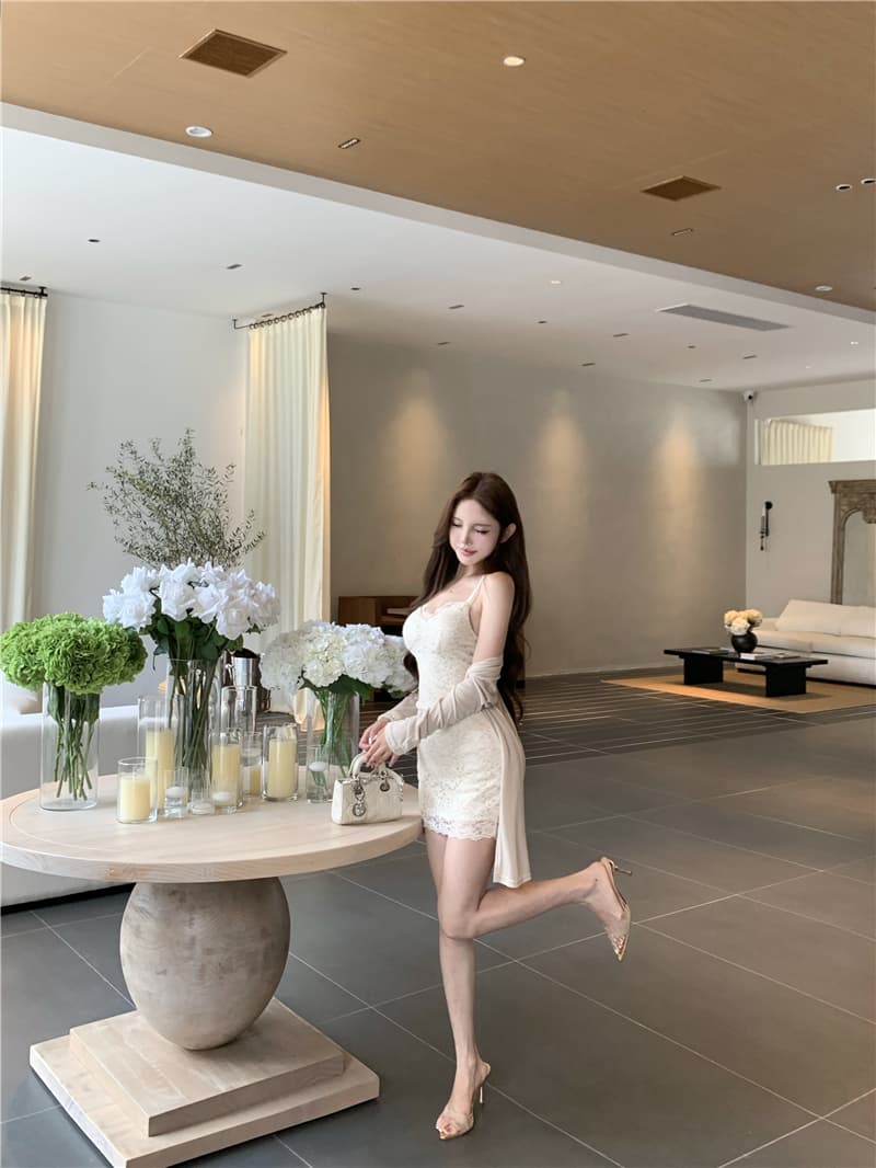 실사 프랑스식 부드러운 바람 핑크색 레이스 슬립 드레스 허리 수축 타이트 스커트 자외선 차단 카디건 코트 상세 이미지 14