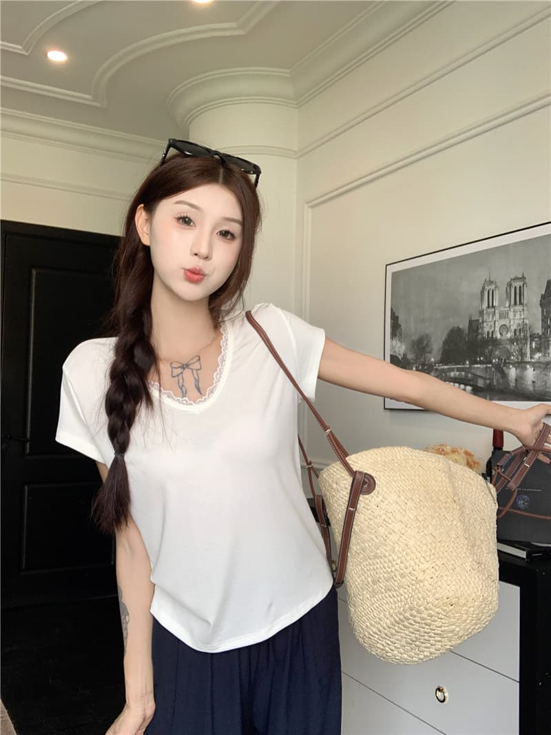 실사 다용도 슬림해 보이는 레이스 패치워크 V넥 반팔 티셔츠 슬림해 보이는 수 있습니다. 조정 중간 길이 A라인 스커트 상세 이미지 24