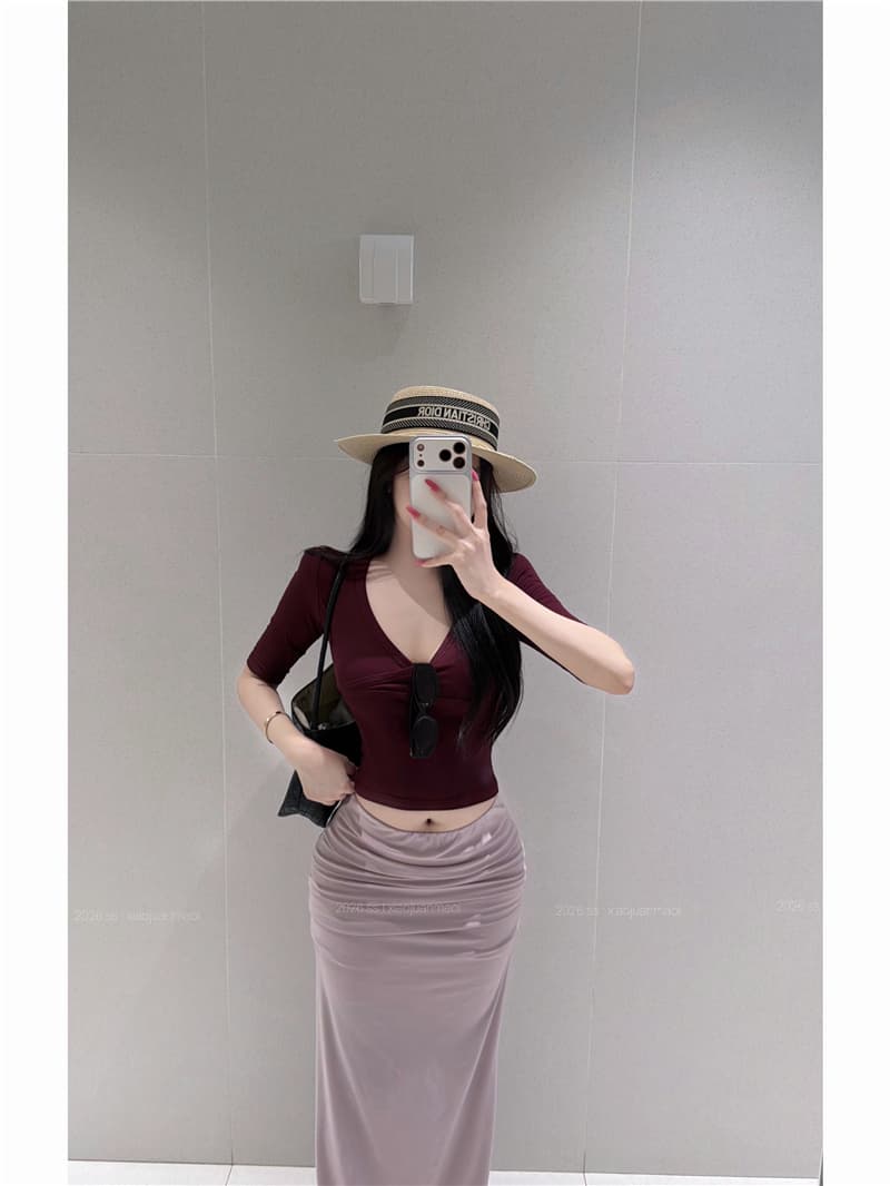 실사 프랑스식 순수한 욕망 세트 자매 센스 V넥 반팔 롱 스커트 몸매 가꾸기 슬림해 보이는 세트 이미지 3