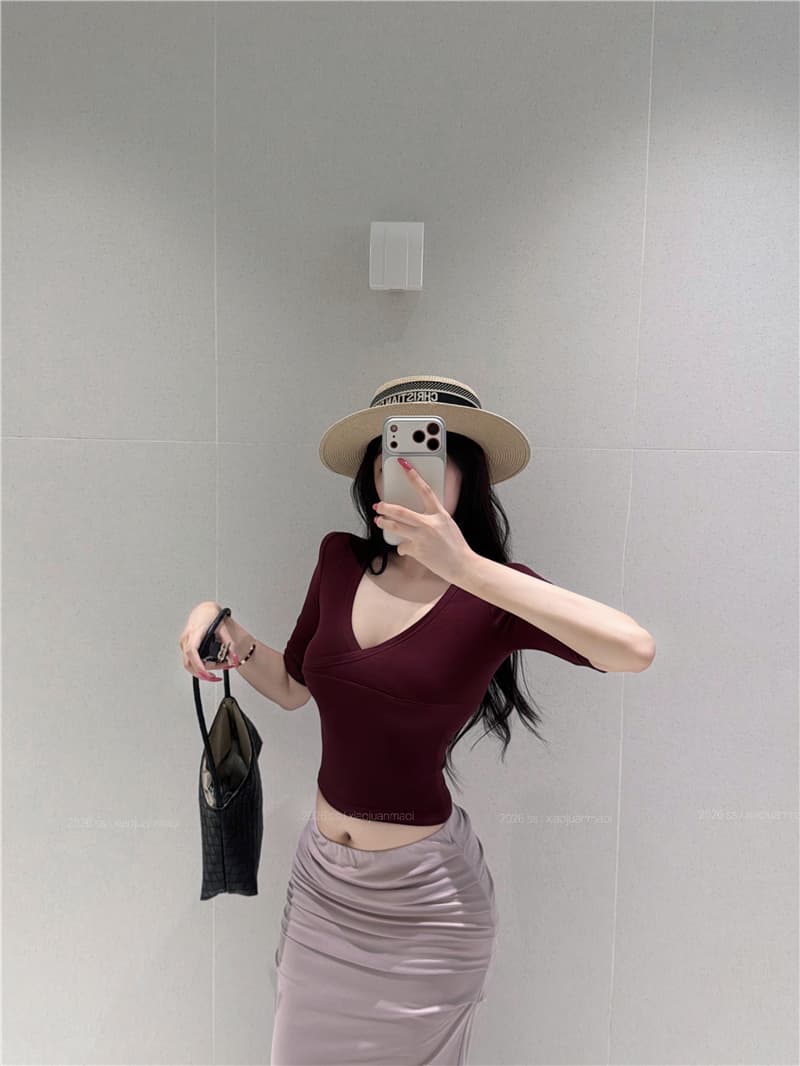 실사 프랑스식 순수한 욕망 세트 자매 센스 V넥 반팔 롱 스커트 몸매 가꾸기 슬림해 보이는 세트 상세 이미지 2