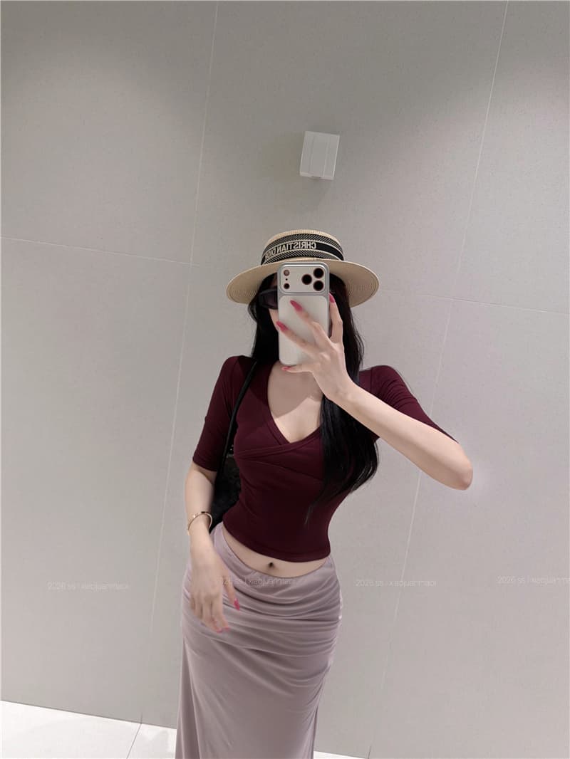 실사 프랑스식 순수한 욕망 세트 자매 센스 V넥 반팔 롱 스커트 몸매 가꾸기 슬림해 보이는 세트 상세 이미지 4