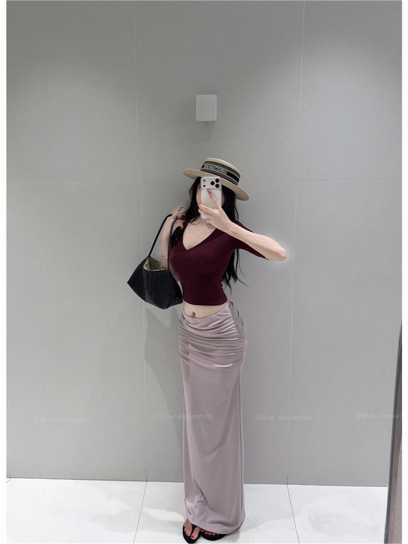 실사 프랑스식 순수한 욕망 세트 자매 센스 V넥 반팔 롱 스커트 몸매 가꾸기 슬림해 보이는 세트 상세 이미지 6