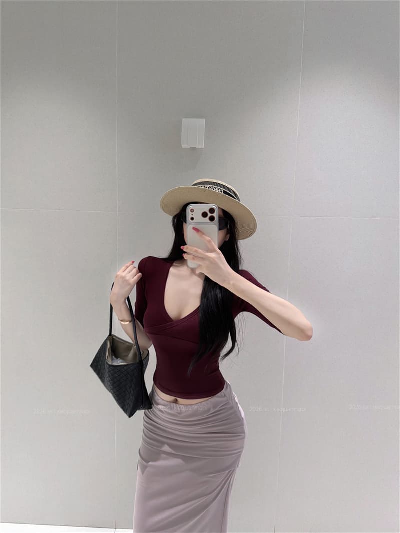실사 프랑스식 순수한 욕망 세트 자매 센스 V넥 반팔 롱 스커트 몸매 가꾸기 슬림해 보이는 세트 상세 이미지 8