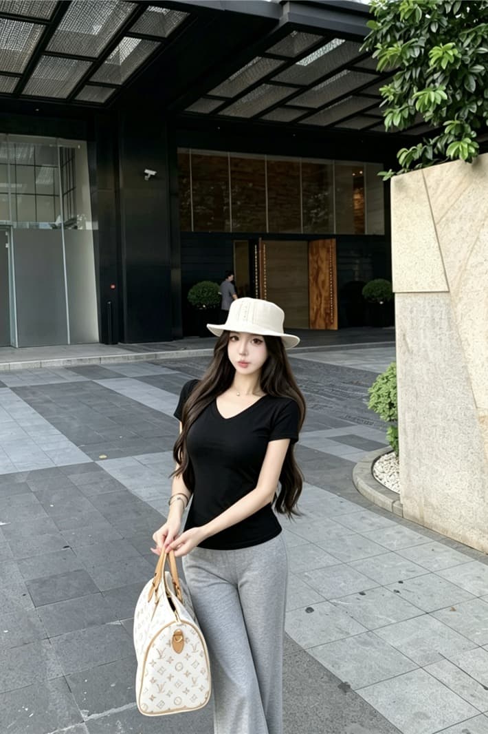 실사 순수한 욕망 산소 티셔츠 반팔 맨위 슬림해 보이는 품격 부츠컷 바지 투피스 세트 이미지 5