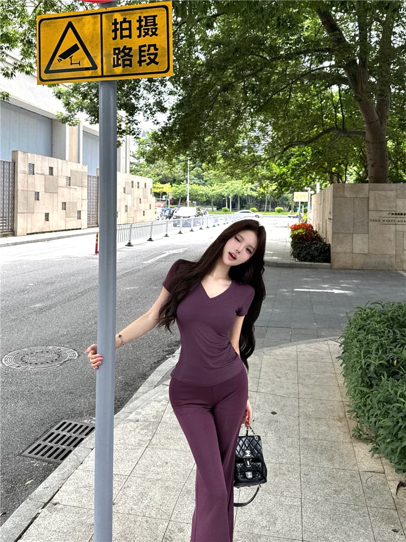 실사 순수한 욕망 산소 티셔츠 반팔 맨위 슬림해 보이는 품격 부츠컷 바지 투피스 세트 상세 이미지 4
