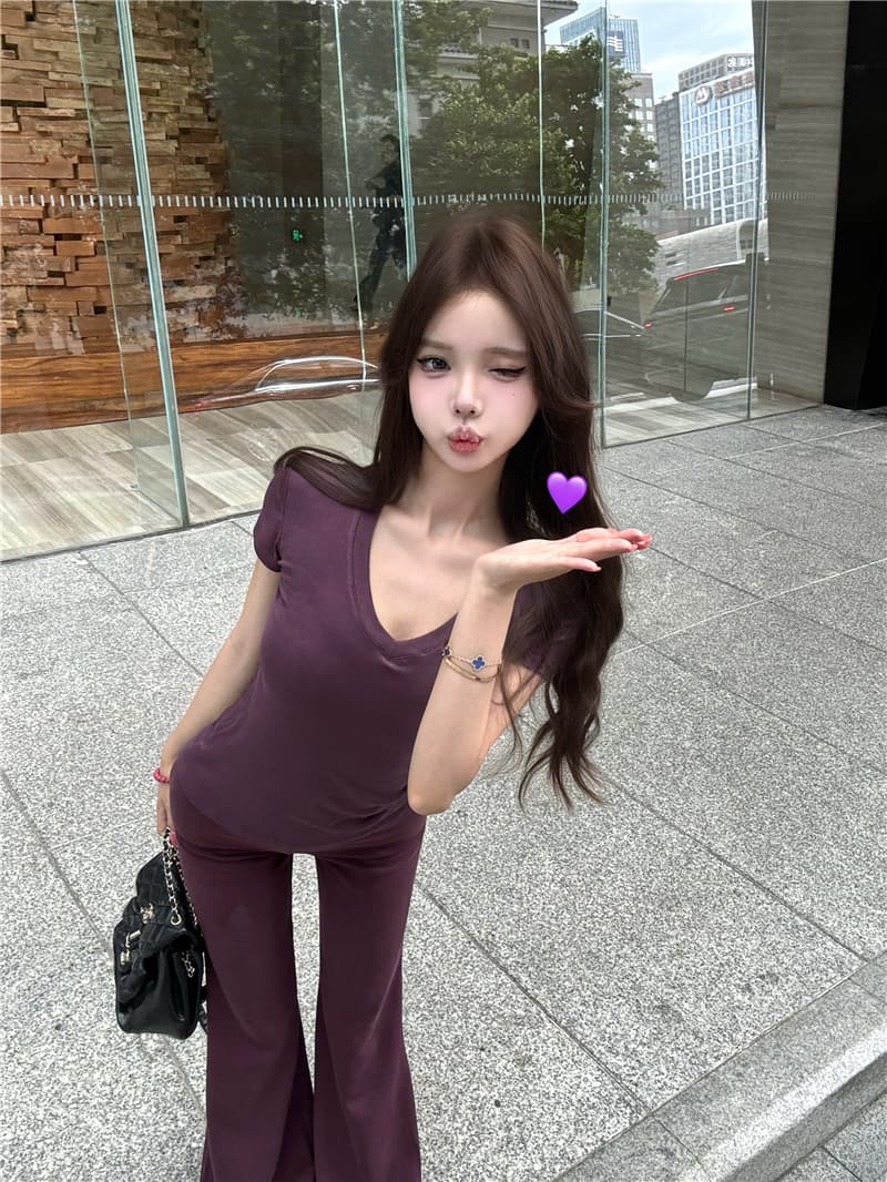 실사 순수한 욕망 산소 티셔츠 반팔 맨위 슬림해 보이는 품격 부츠컷 바지 투피스 세트 상세 이미지 9