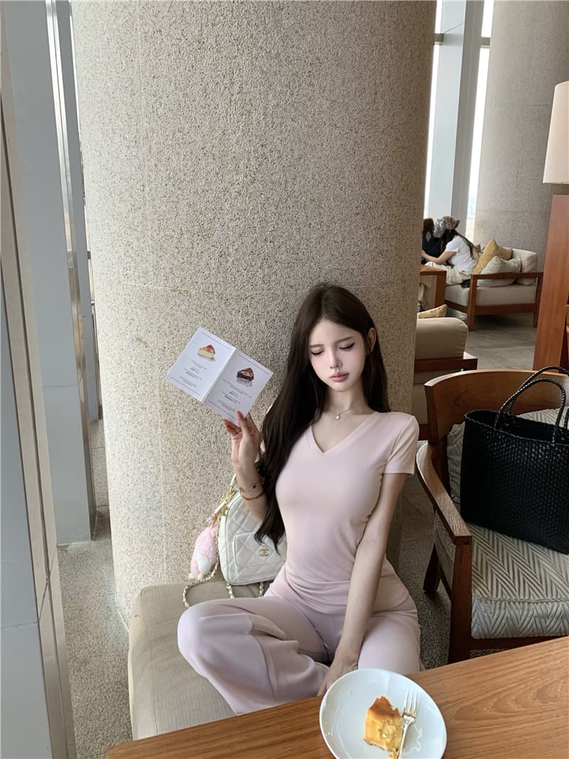 실사 순수한 욕망 산소 티셔츠 반팔 맨위 슬림해 보이는 품격 부츠컷 바지 투피스 세트 상세 이미지 35