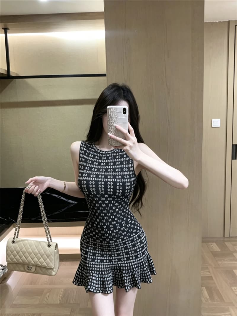 실사 프랑스식 섹시함 품격 허리 수축 몸매 가꾸기 프린트 조끼 타이트 스커트 상세 이미지 6