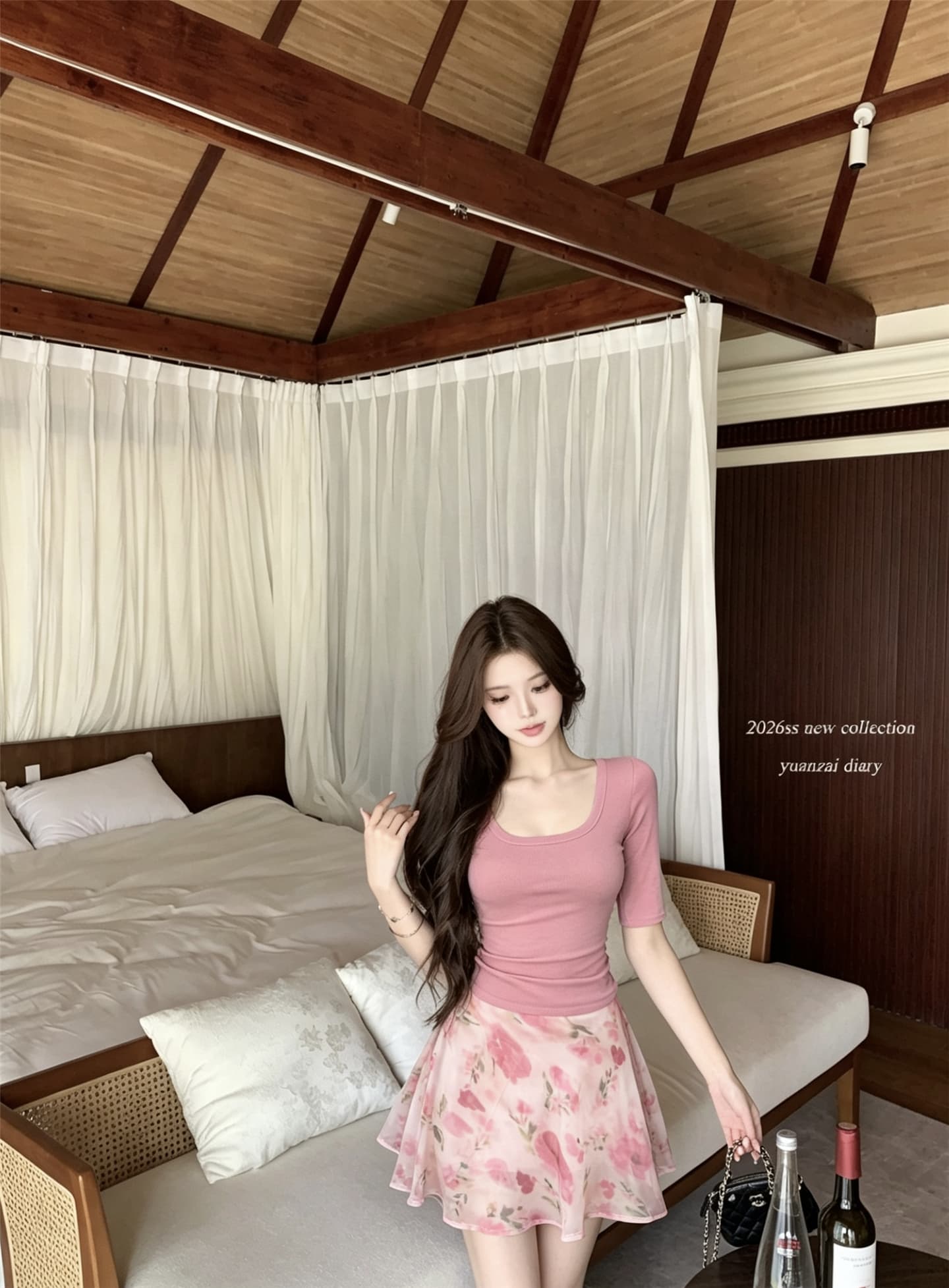 실사 프랑스식 품격 핑크색 u 칼라 중간 소매 티셔츠 프린트 하이웨이스트 슬림해 보이는 한 마디 반 스커트 상세 이미지 2