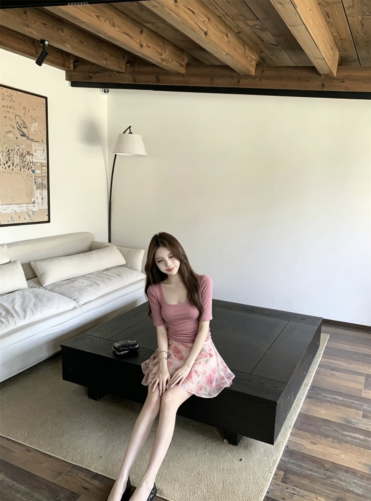 실사 프랑스식 품격 핑크색 u 칼라 중간 소매 티셔츠 프린트 하이웨이스트 슬림해 보이는 한 마디 반 스커트 상세 이미지 7