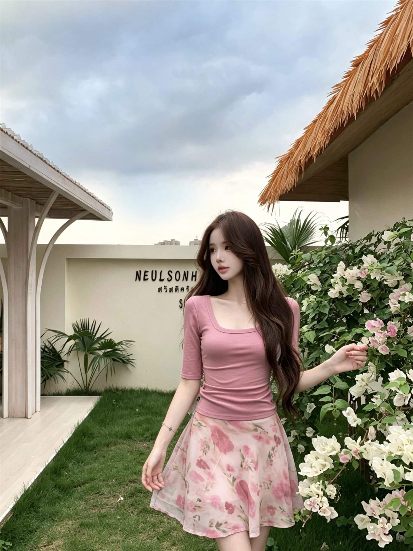 실사 프랑스식 품격 핑크색 u 칼라 중간 소매 티셔츠 프린트 하이웨이스트 슬림해 보이는 한 마디 반 스커트 상세 이미지 12