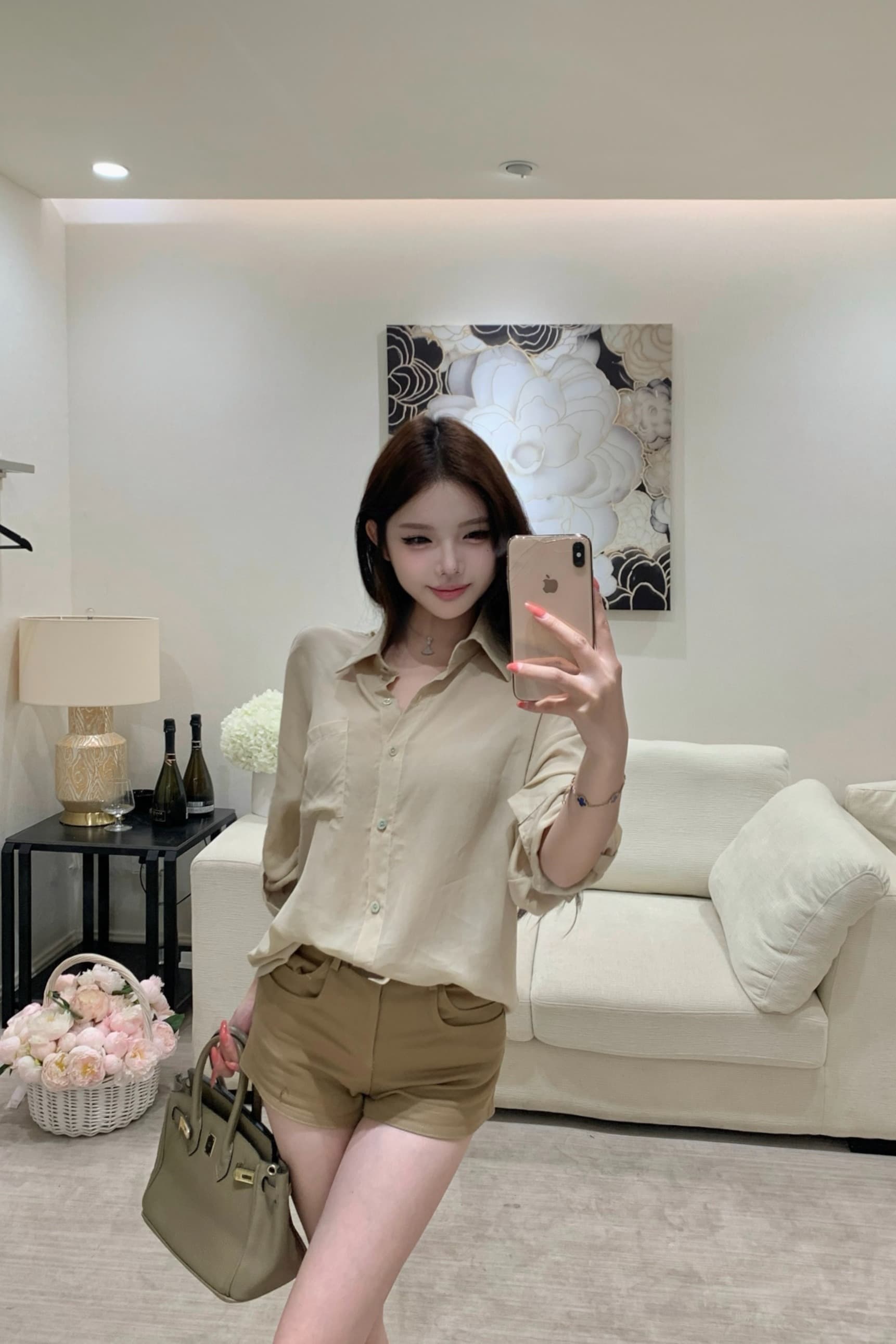 실사 프랑스식 오래된 돈 바람 세트 레이스 조각 얇은 스타일 자외선 차단 셔츠 품격 데님 반바지 이미지 5