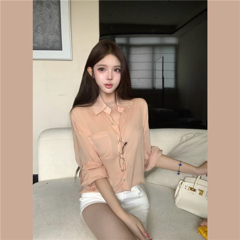 실사 프랑스식 오래된 돈 바람 세트 레이스 조각 얇은 스타일 자외선 차단 셔츠 품격 데님 반바지 상세 이미지 3