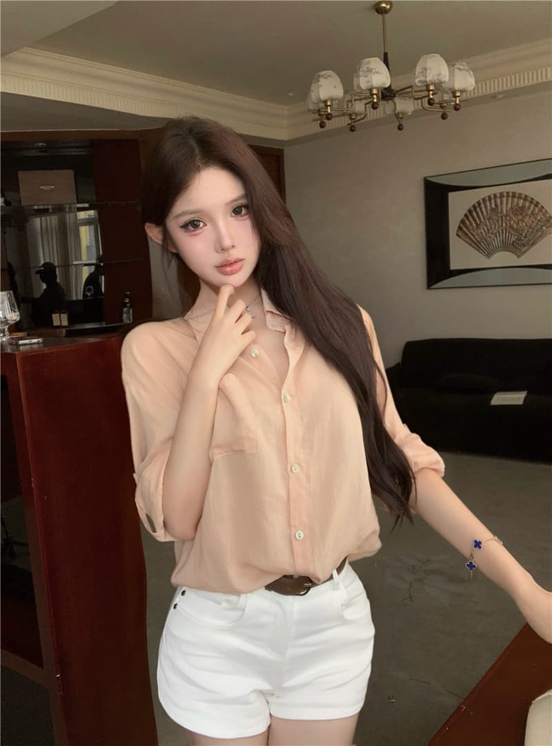 실사 프랑스식 오래된 돈 바람 세트 레이스 조각 얇은 스타일 자외선 차단 셔츠 품격 데님 반바지 상세 이미지 4
