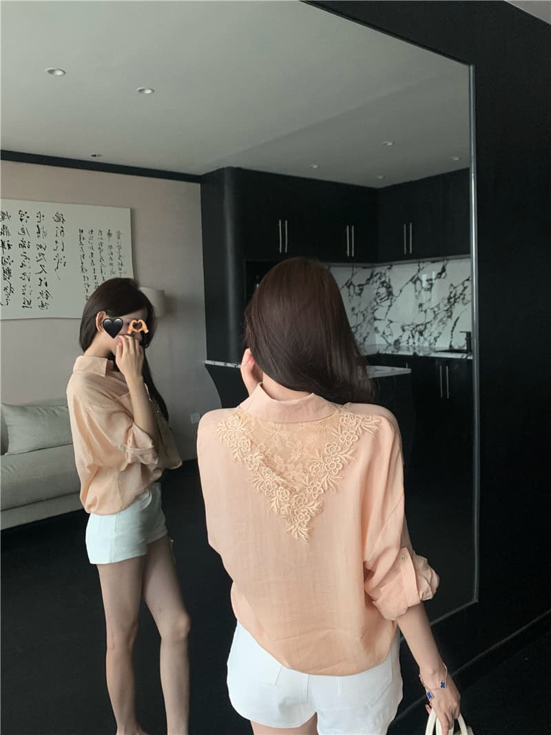 실사 프랑스식 오래된 돈 바람 세트 레이스 조각 얇은 스타일 자외선 차단 셔츠 품격 데님 반바지 상세 이미지 5