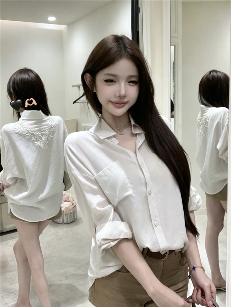 실사 프랑스식 오래된 돈 바람 세트 레이스 조각 얇은 스타일 자외선 차단 셔츠 품격 데님 반바지 상세 이미지 14