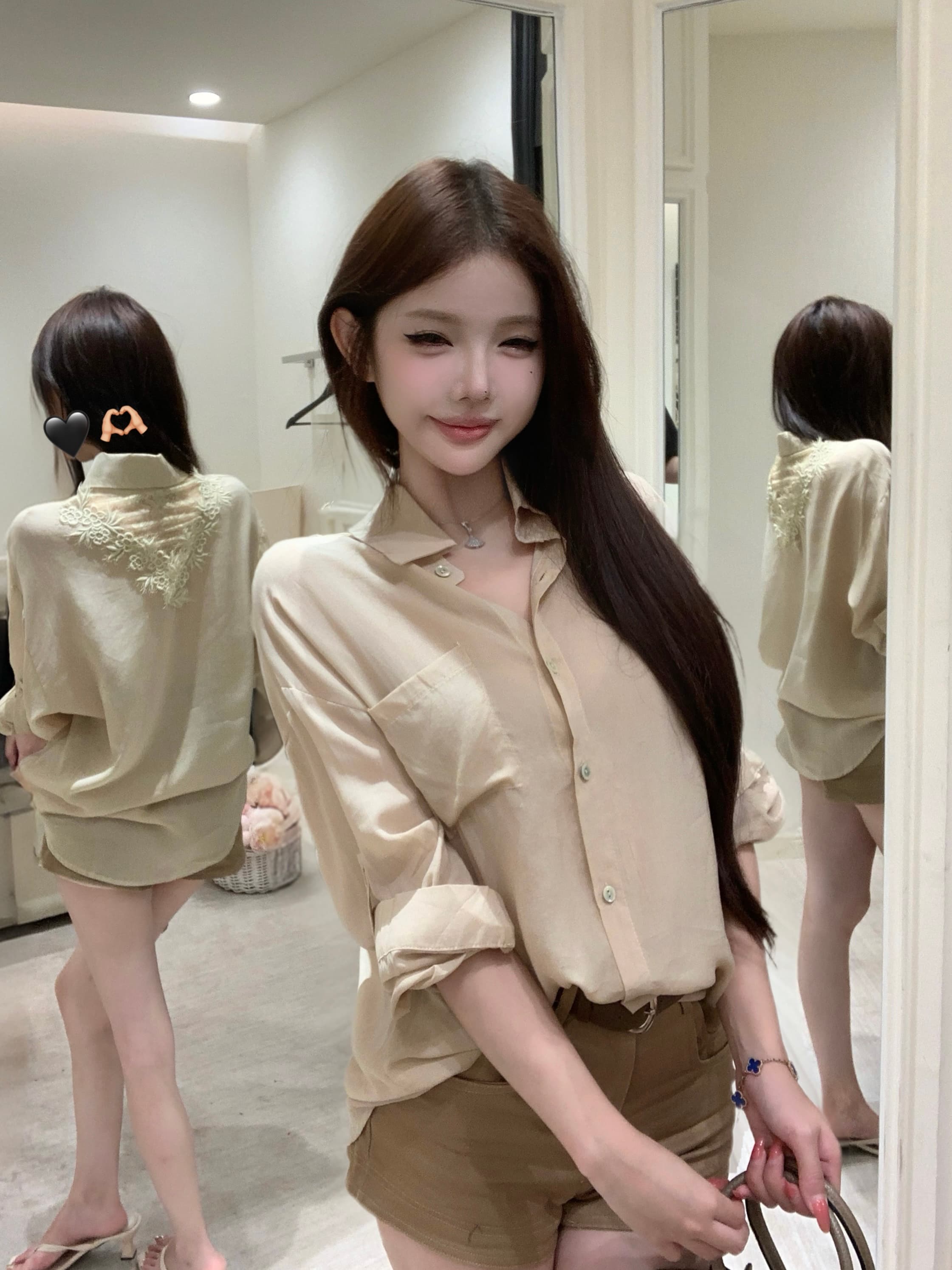 실사 프랑스식 오래된 돈 바람 세트 레이스 조각 얇은 스타일 자외선 차단 셔츠 품격 데님 반바지 상세 이미지 17