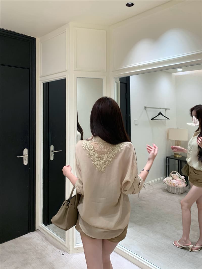 실사 프랑스식 오래된 돈 바람 세트 레이스 조각 얇은 스타일 자외선 차단 셔츠 품격 데님 반바지 상세 이미지 18