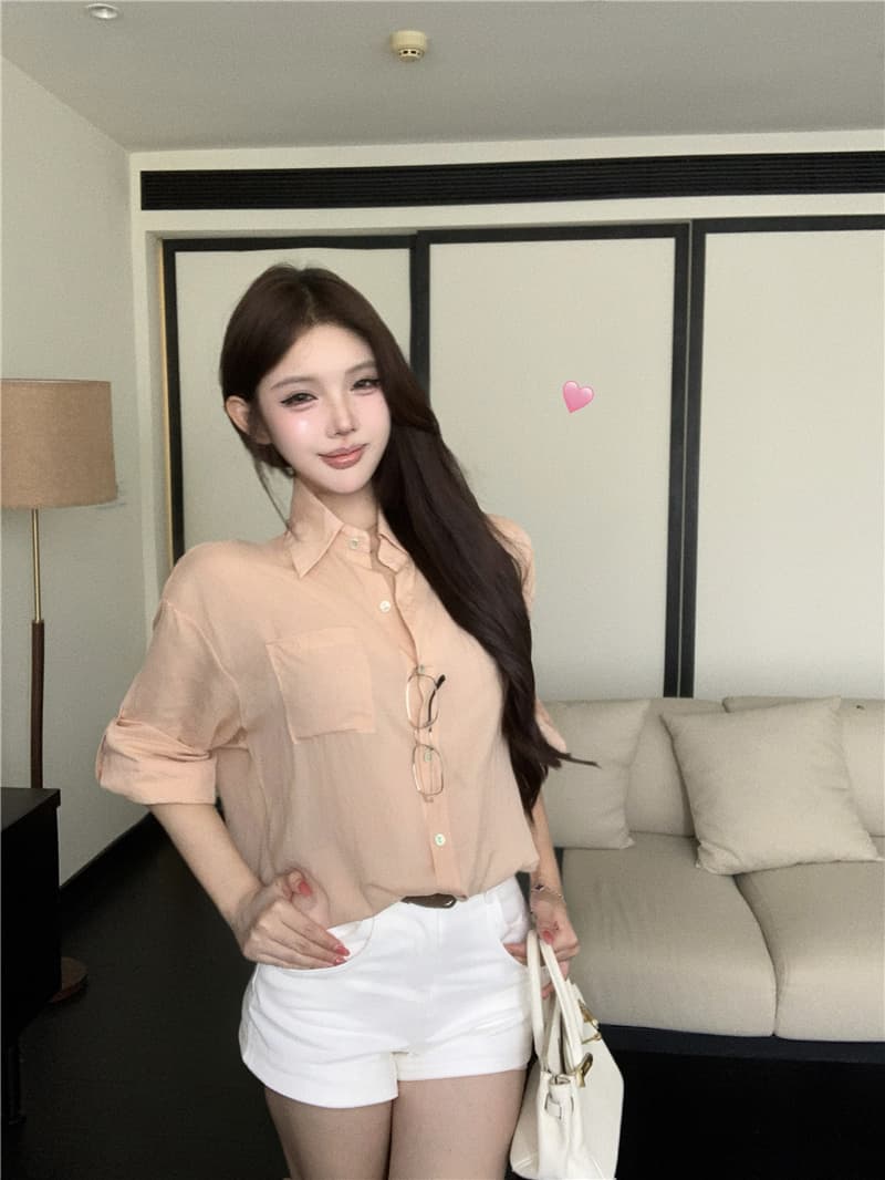 실사 프랑스식 오래된 돈 바람 세트 레이스 조각 얇은 스타일 자외선 차단 셔츠 품격 데님 반바지 상세 이미지 6