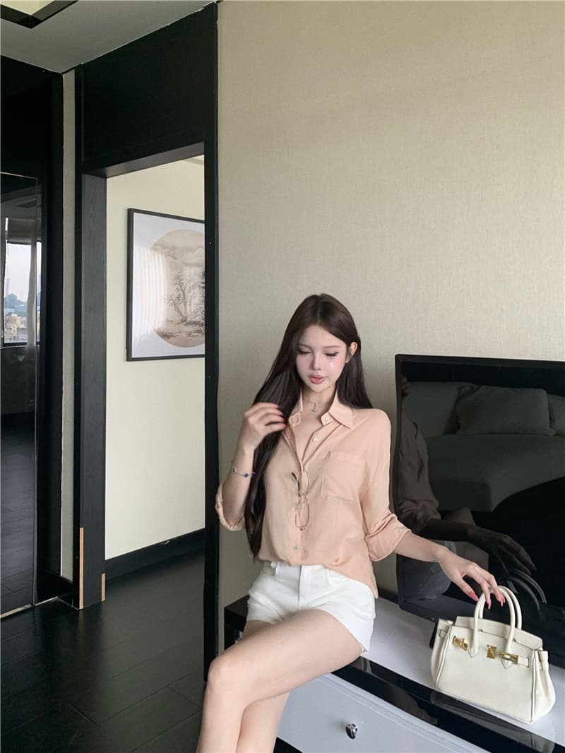 실사 프랑스식 오래된 돈 바람 세트 레이스 조각 얇은 스타일 자외선 차단 셔츠 품격 데님 반바지 상세 이미지 7