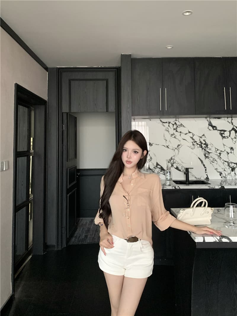 실사 프랑스식 오래된 돈 바람 세트 레이스 조각 얇은 스타일 자외선 차단 셔츠 품격 데님 반바지 상세 이미지 8