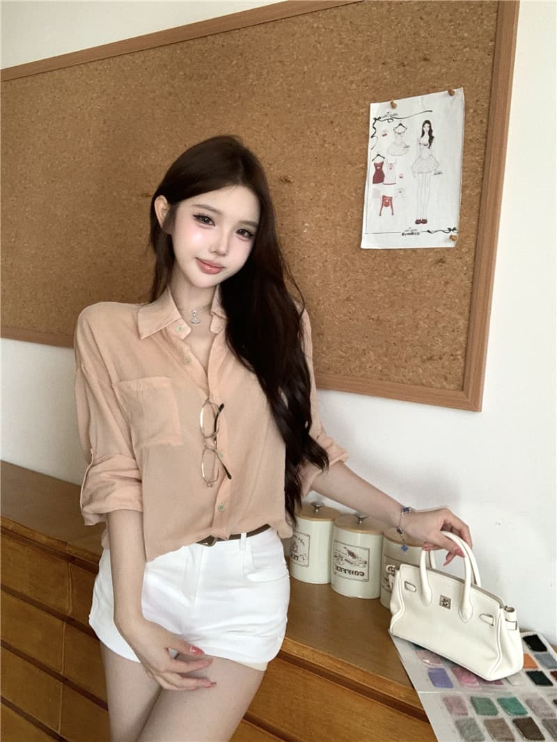 실사 프랑스식 오래된 돈 바람 세트 레이스 조각 얇은 스타일 자외선 차단 셔츠 품격 데님 반바지 상세 이미지 10