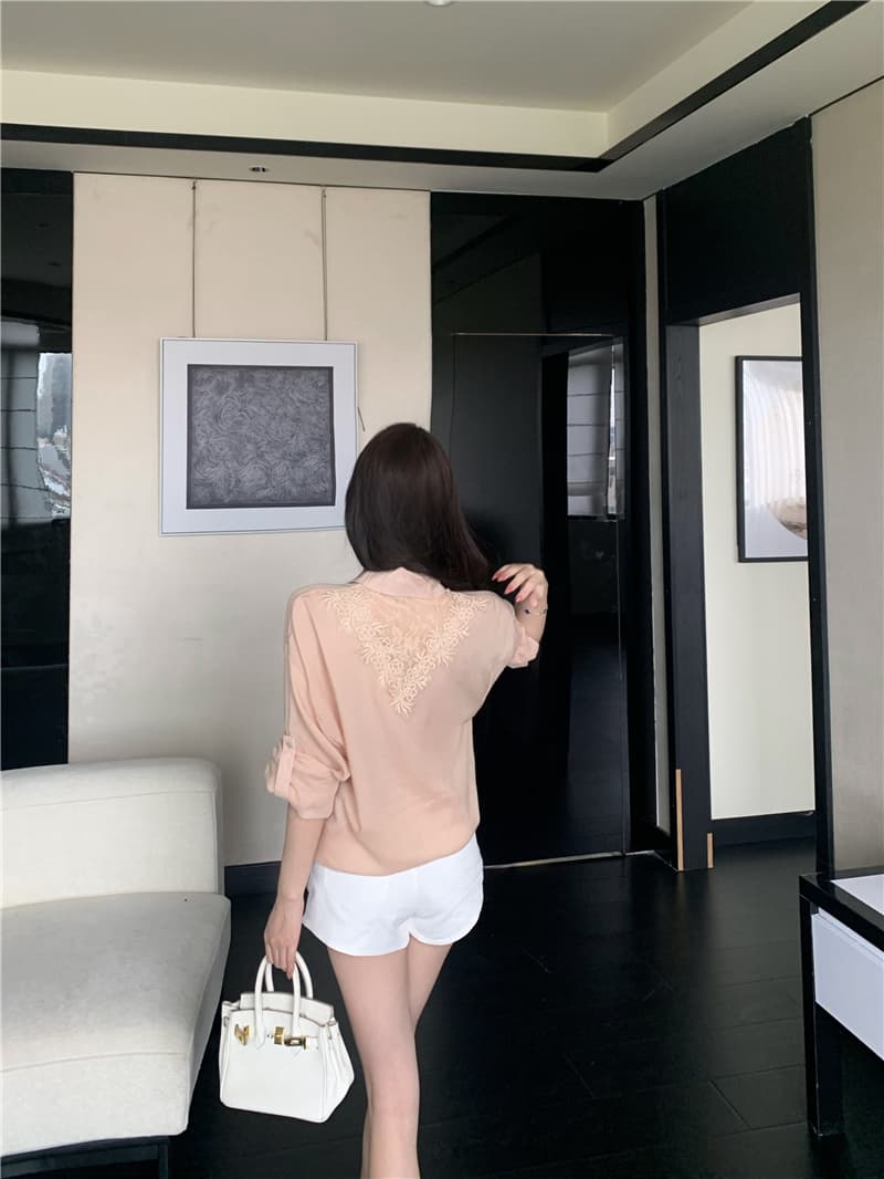 실사 프랑스식 오래된 돈 바람 세트 레이스 조각 얇은 스타일 자외선 차단 셔츠 품격 데님 반바지 상세 이미지 11