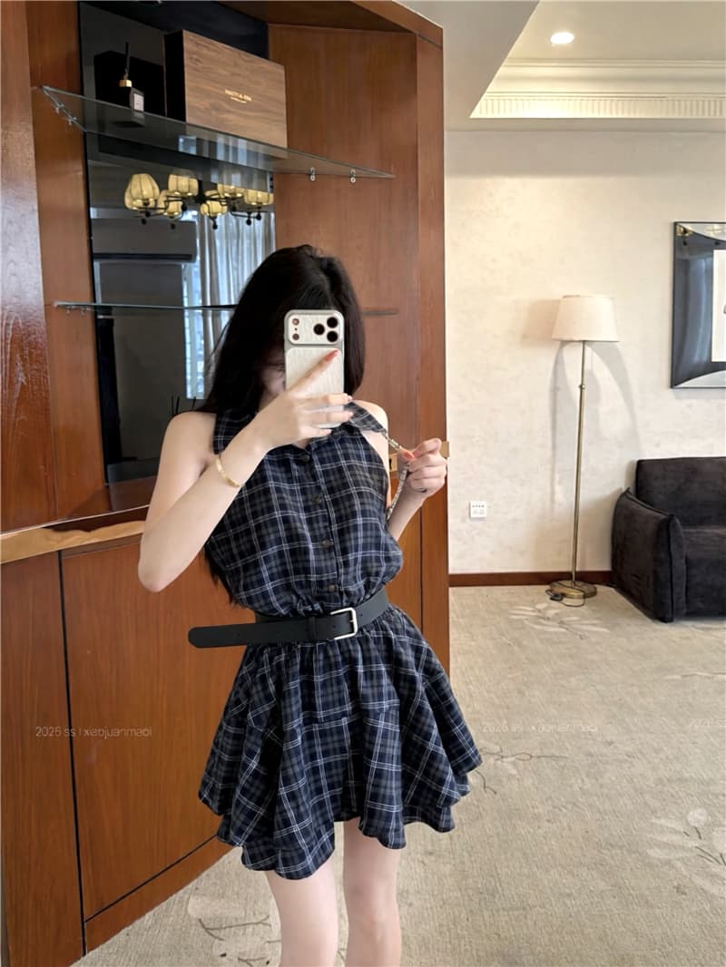 실사 핫걸 디자인 센스 배색 체크무늬 폴로 칼라 행침 목 드레스 여행 셔츠 드레스