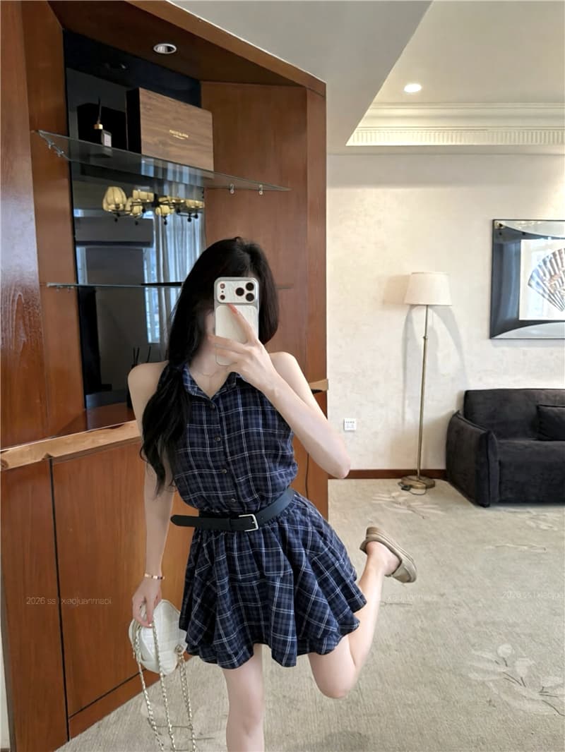 실사 핫걸 디자인 센스 배색 체크무늬 폴로 칼라 행침 목 드레스 여행 셔츠 드레스 이미지 2