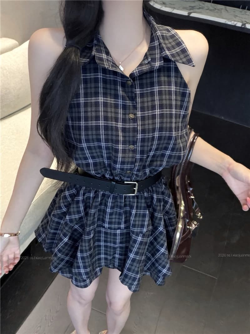 실사 핫걸 디자인 센스 배색 체크무늬 폴로 칼라 행침 목 드레스 여행 셔츠 드레스 상세 이미지 4