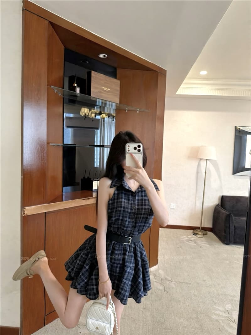실사 핫걸 디자인 센스 배색 체크무늬 폴로 칼라 행침 목 드레스 여행 셔츠 드레스 상세 이미지 5