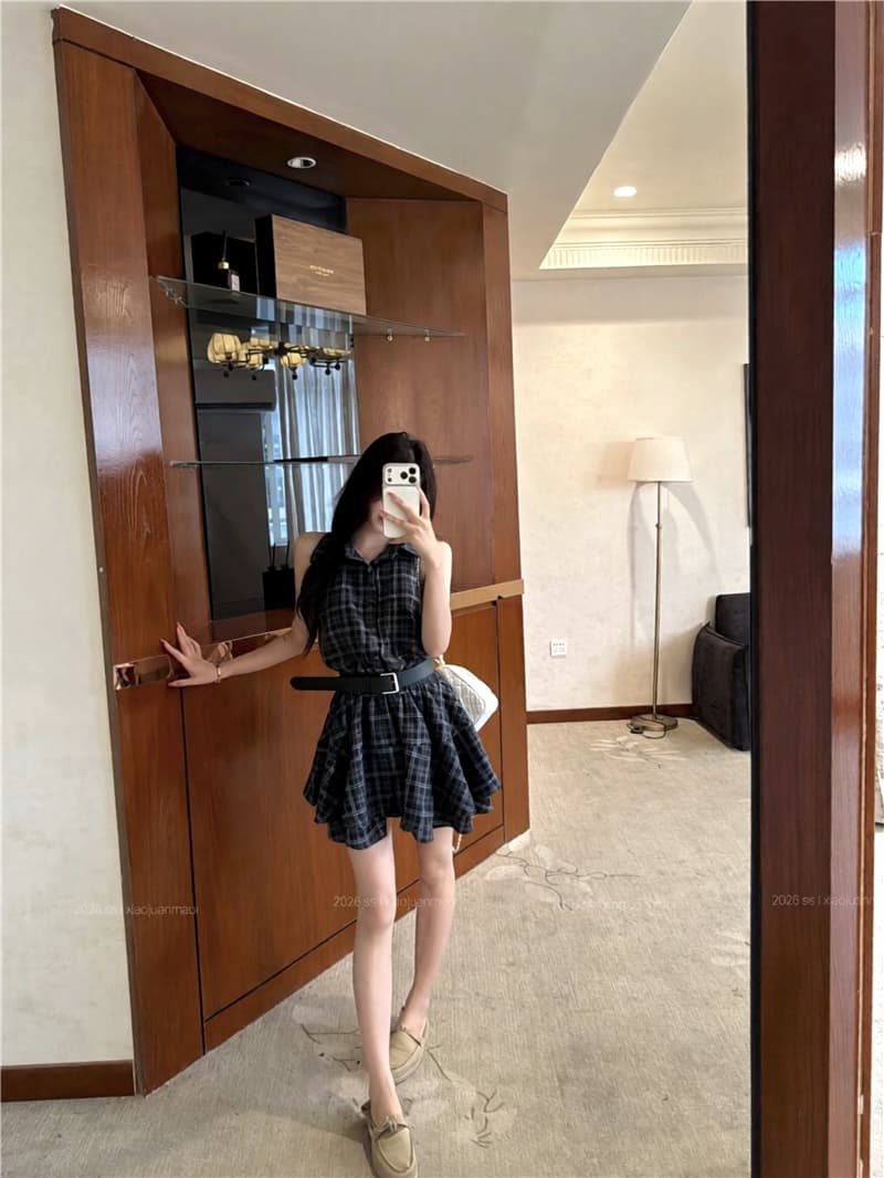 실사 핫걸 디자인 센스 배색 체크무늬 폴로 칼라 행침 목 드레스 여행 셔츠 드레스 상세 이미지 8
