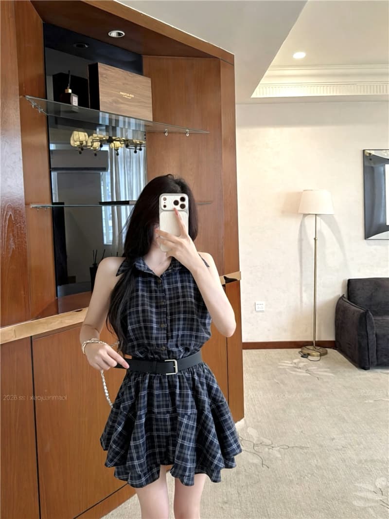 실사 핫걸 디자인 센스 배색 체크무늬 폴로 칼라 행침 목 드레스 여행 셔츠 드레스 상세 이미지 9