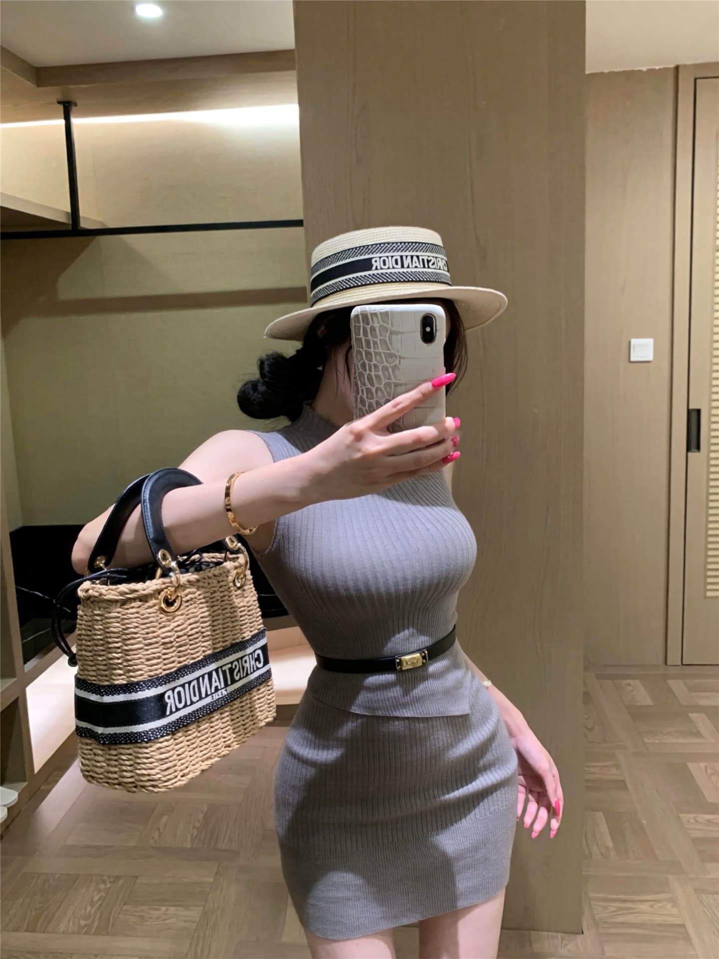 실사 모니카 회색 민소매 털 짠 셔츠 반 스커트 세트 여성 봄 여름 몸매 가꾸기 투피스 슈트 여성 상세 이미지 1