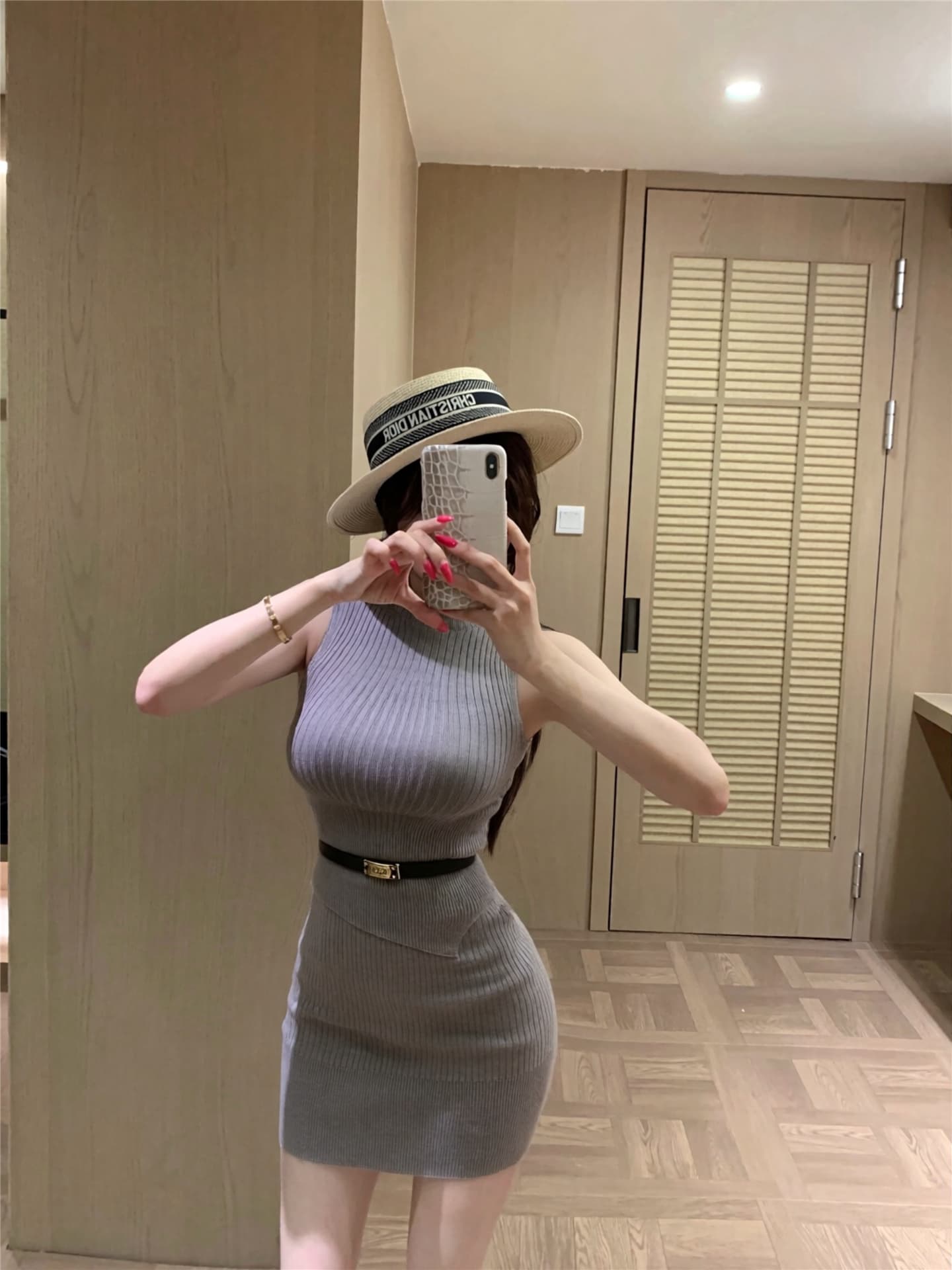 실사 모니카 회색 민소매 털 짠 셔츠 반 스커트 세트 여성 봄 여름 몸매 가꾸기 투피스 슈트 여성 상세 이미지 10