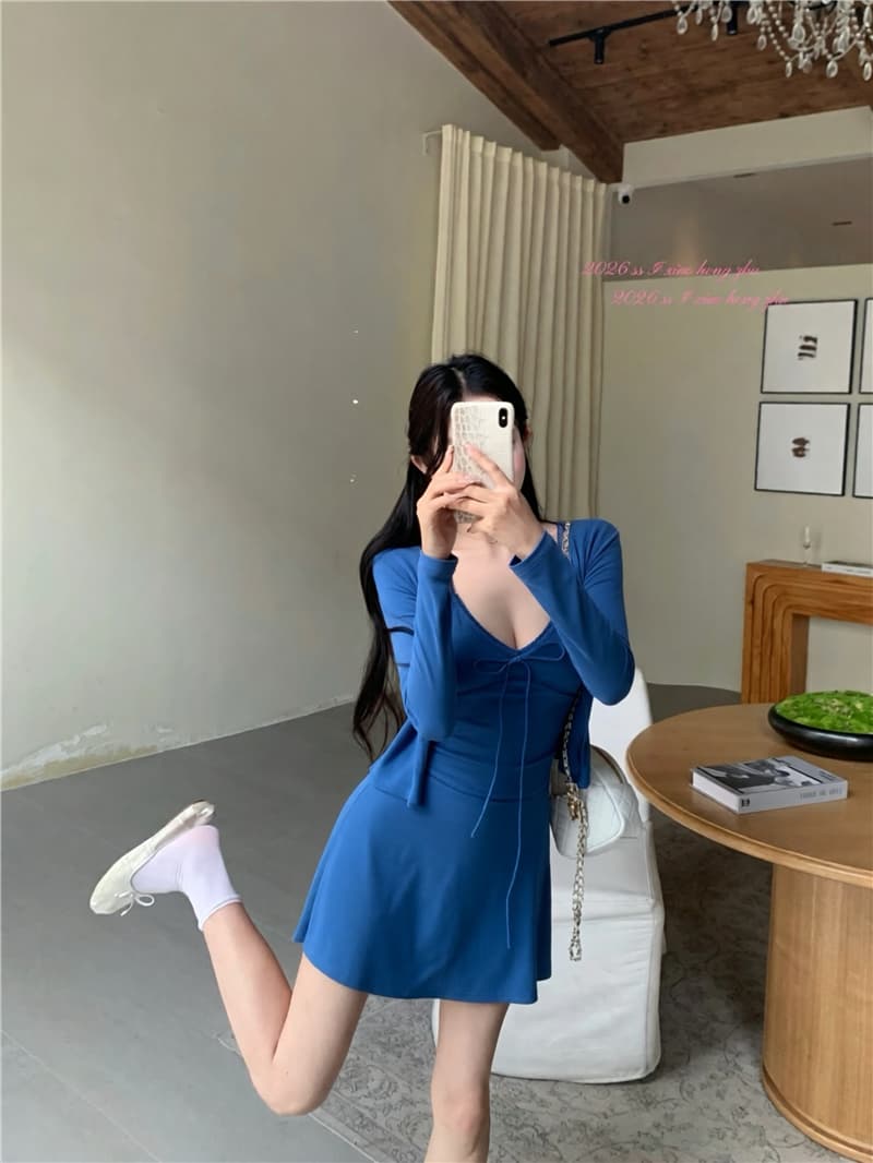 실사 소녀 센스 활력 니트 오픈 가디건 슬립 드레스 품격 슬림해 보이는 순수한 욕망 세트