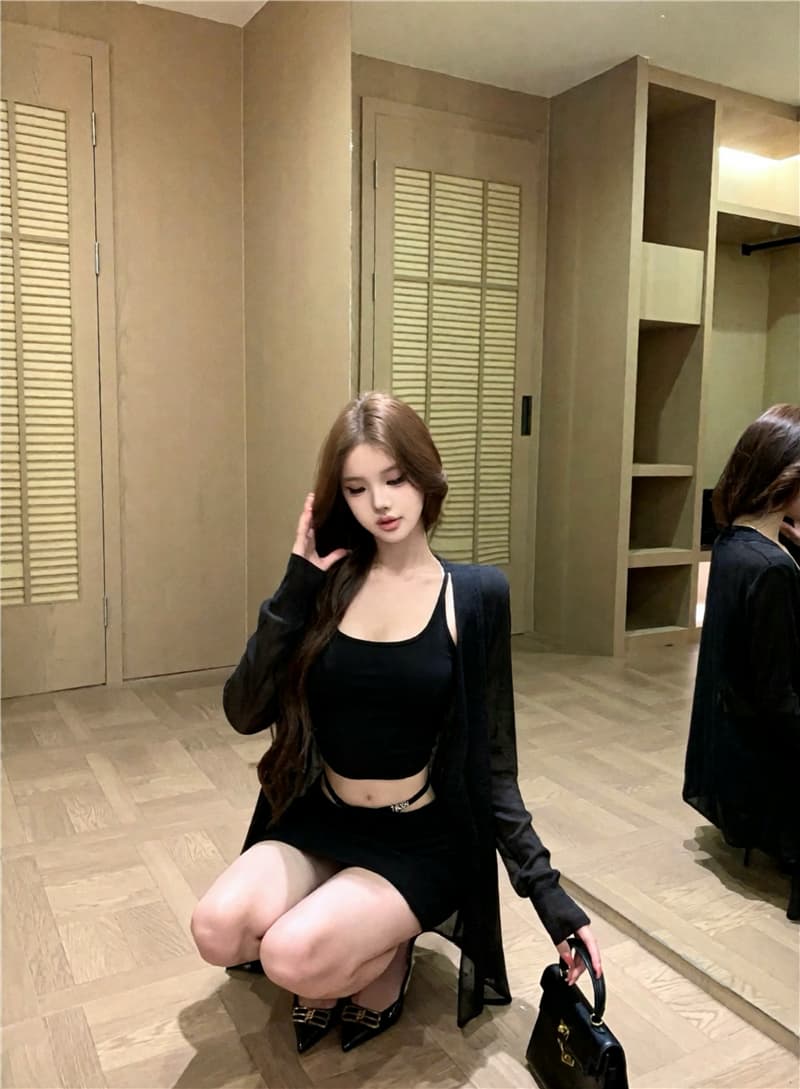 실사 이른 가을 감기 제한 구역 느슨함 센스 3종 세트 느긋한 재킷 다용도 조끼 섹시함 미니 스커트 상세 이미지 8