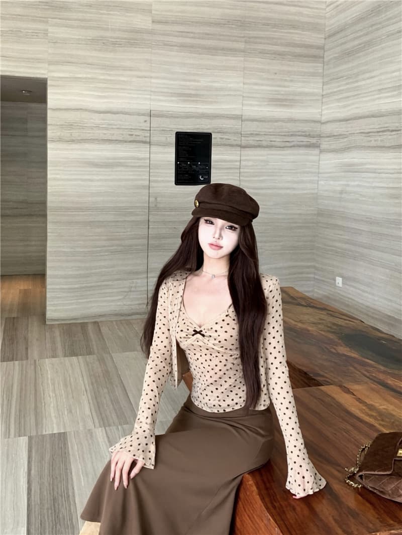 실사 이른 가을 도트 무늬 하트 아름다움 라드. 긴팔 오픈 가디건 레이스 조각 캐미솔 슬림해 보이는 투피스 세트 상세 이미지 3