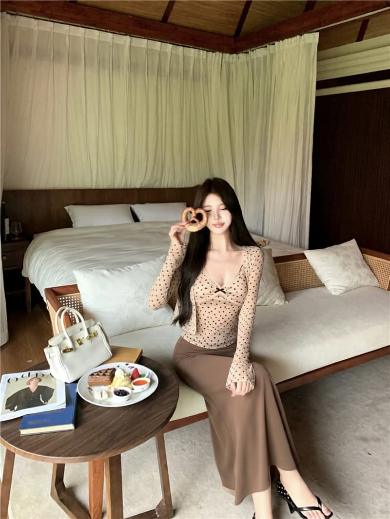 실사 이른 가을 도트 무늬 하트 아름다움 라드. 긴팔 오픈 가디건 레이스 조각 캐미솔 슬림해 보이는 투피스 세트 상세 이미지 5