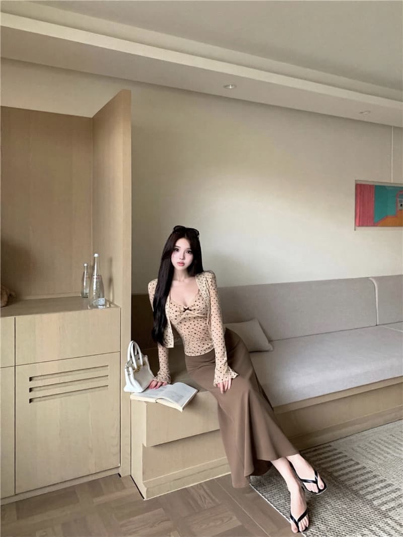 실사 이른 가을 도트 무늬 하트 아름다움 라드. 긴팔 오픈 가디건 레이스 조각 캐미솔 슬림해 보이는 투피스 세트 상세 이미지 8