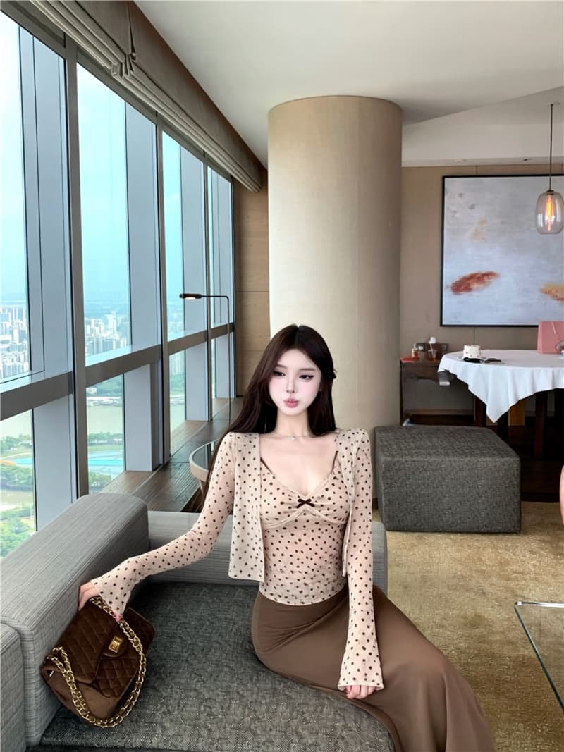 실사 이른 가을 도트 무늬 하트 아름다움 라드. 긴팔 오픈 가디건 레이스 조각 캐미솔 슬림해 보이는 투피스 세트 상세 이미지 10