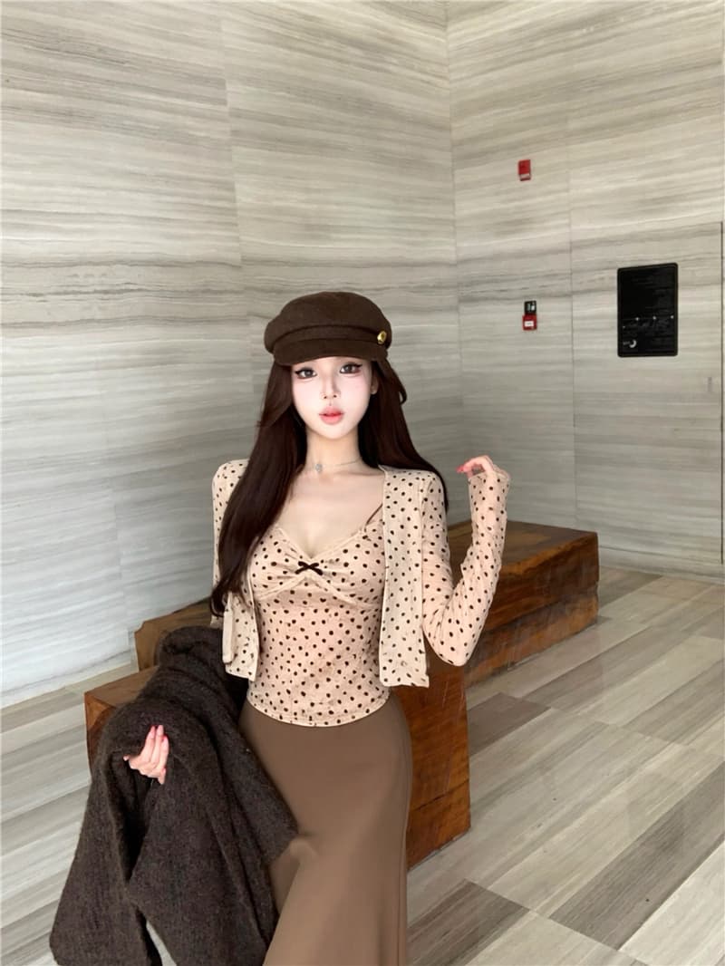실사 이른 가을 도트 무늬 하트 아름다움 라드. 긴팔 오픈 가디건 레이스 조각 캐미솔 슬림해 보이는 투피스 세트 상세 이미지 12