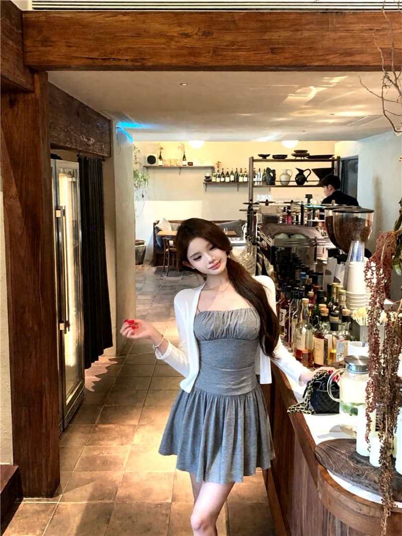 실사 이른 가을 사랑 포괄적 인 작은 흰색 꽃 V넥 레이스 슬립 드레스 드레스 부드럽다 기초 부드러운 느긋한 오픈 가디건 상세 이미지 1