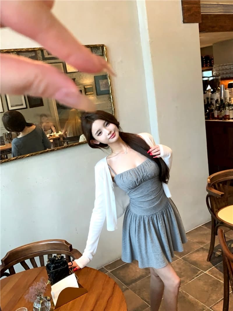 실사 이른 가을 사랑 포괄적 인 작은 흰색 꽃 V넥 레이스 슬립 드레스 드레스 부드럽다 기초 부드러운 느긋한 오픈 가디건 상세 이미지 5